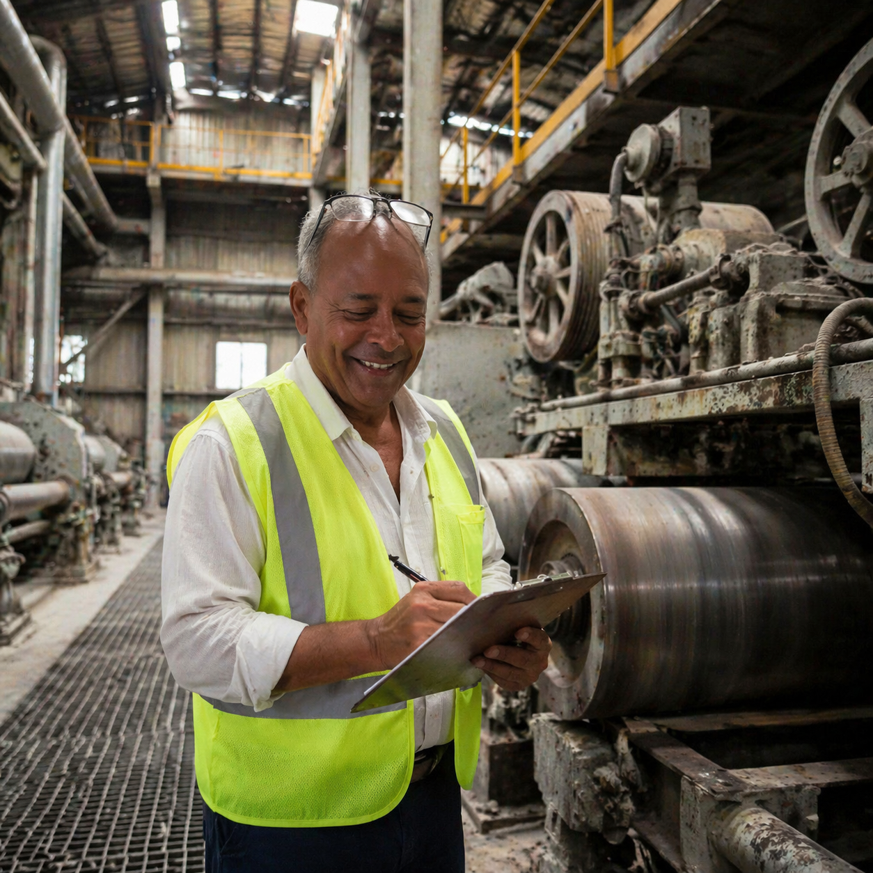 Engineer inspecting industrial machinery with clipboard